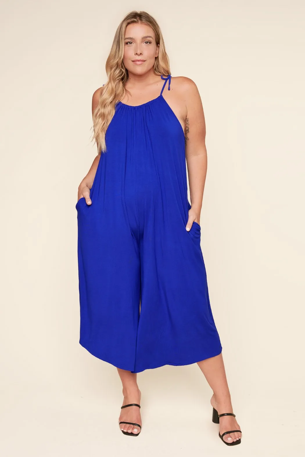 Florence Flowy Sleeveless Jersey Knit Jumpsuit Curve