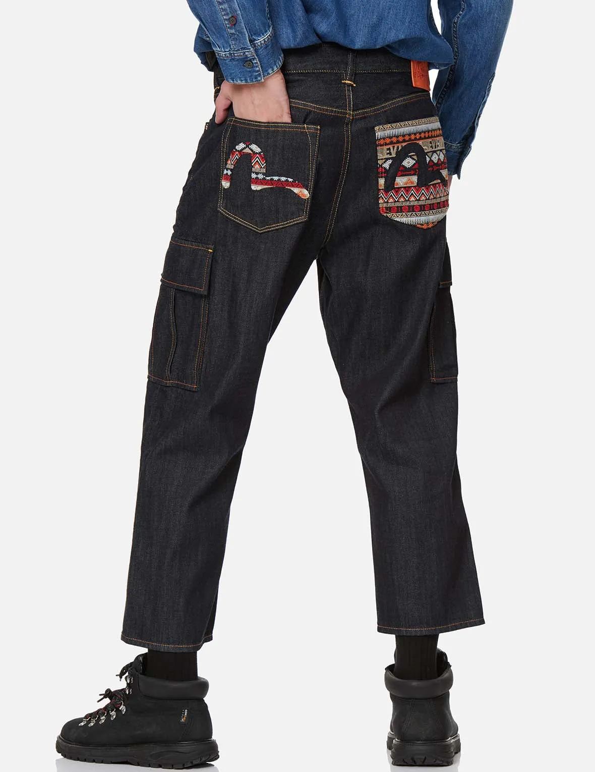 Folklore-pattern Seagull Embroidered Cargo Jeans