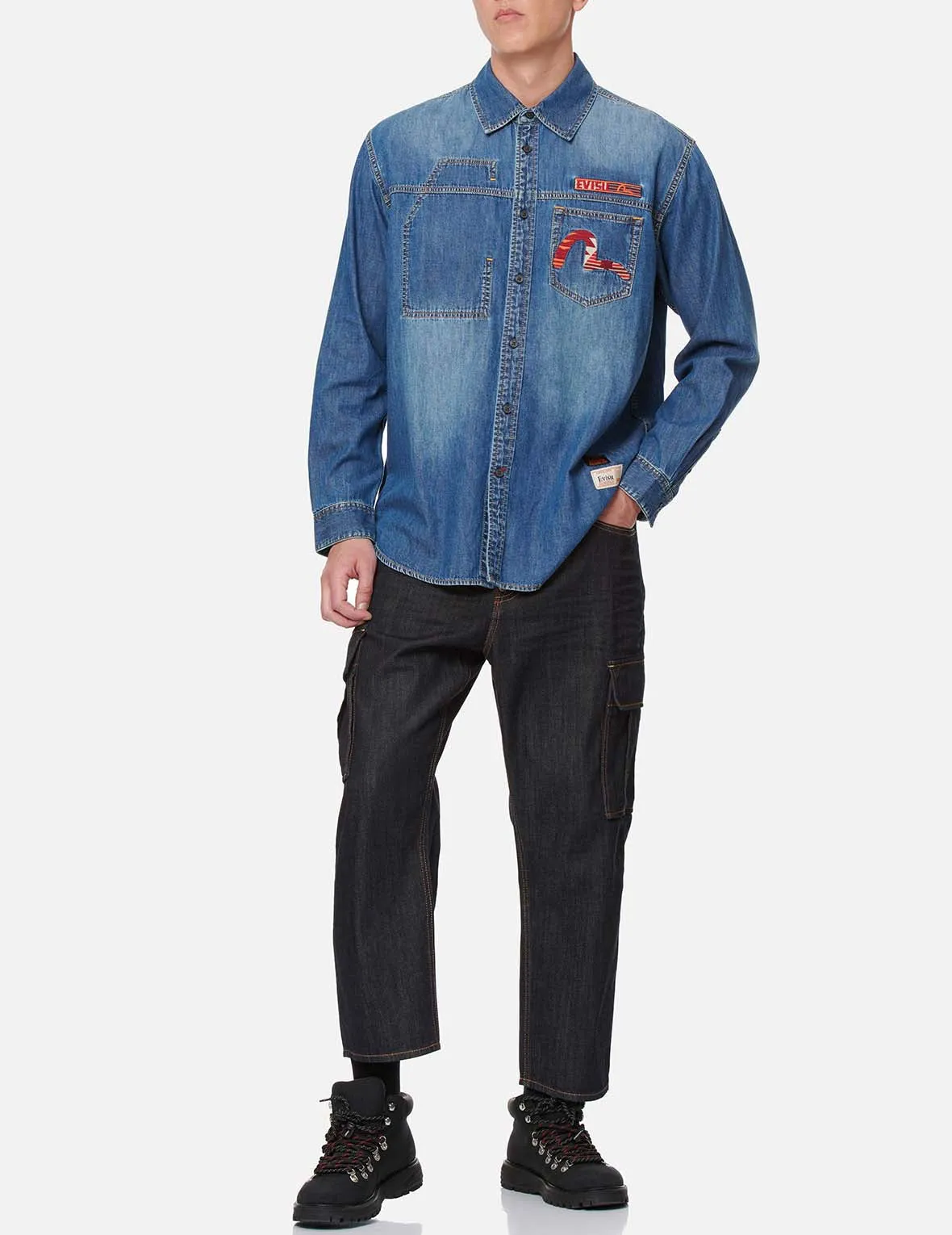 Folklore-pattern Seagull Embroidered Cargo Jeans