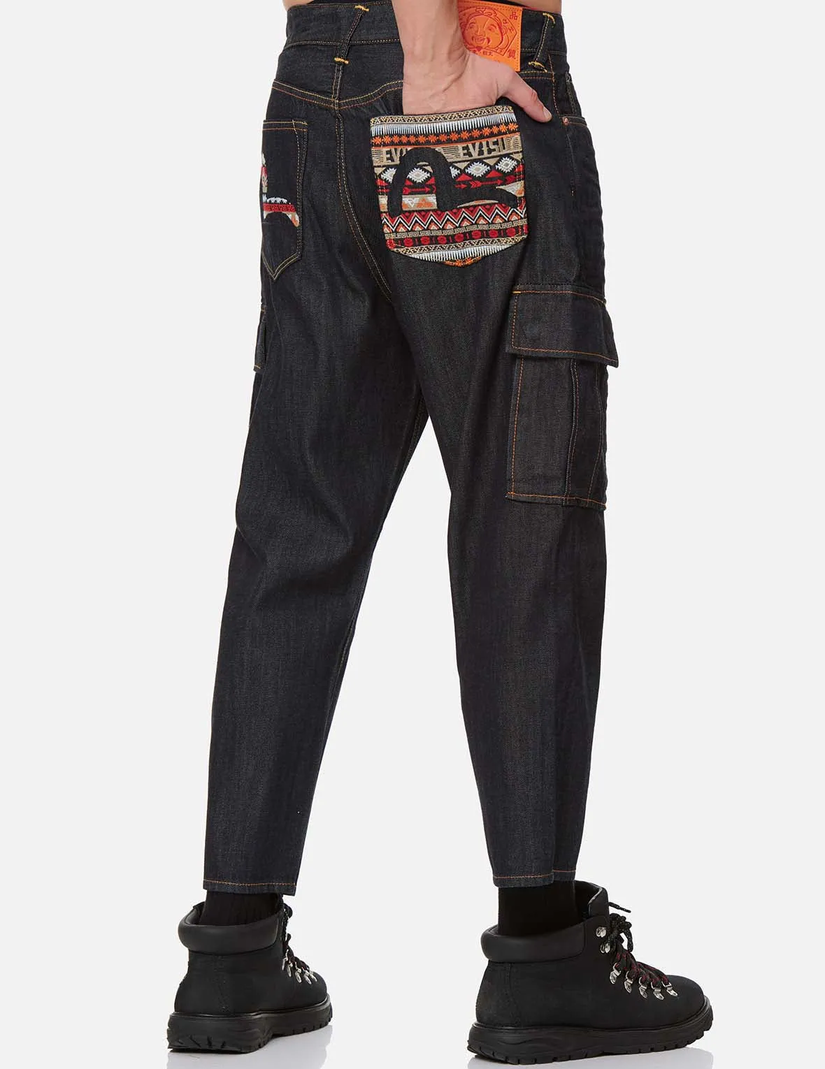 Folklore-pattern Seagull Embroidered Cargo Jeans