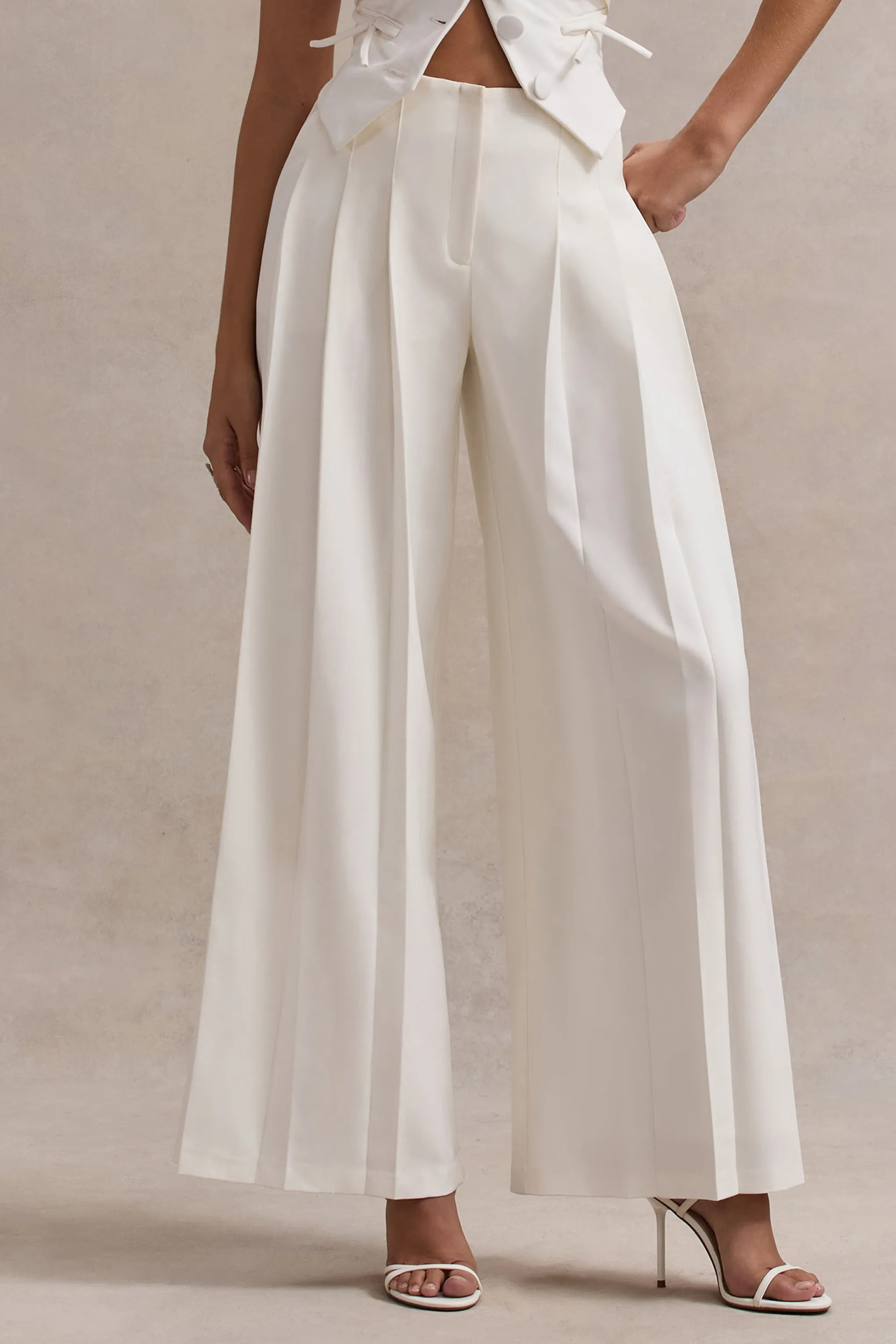 Galilea | Cream Pleated Wide-Leg Trousers