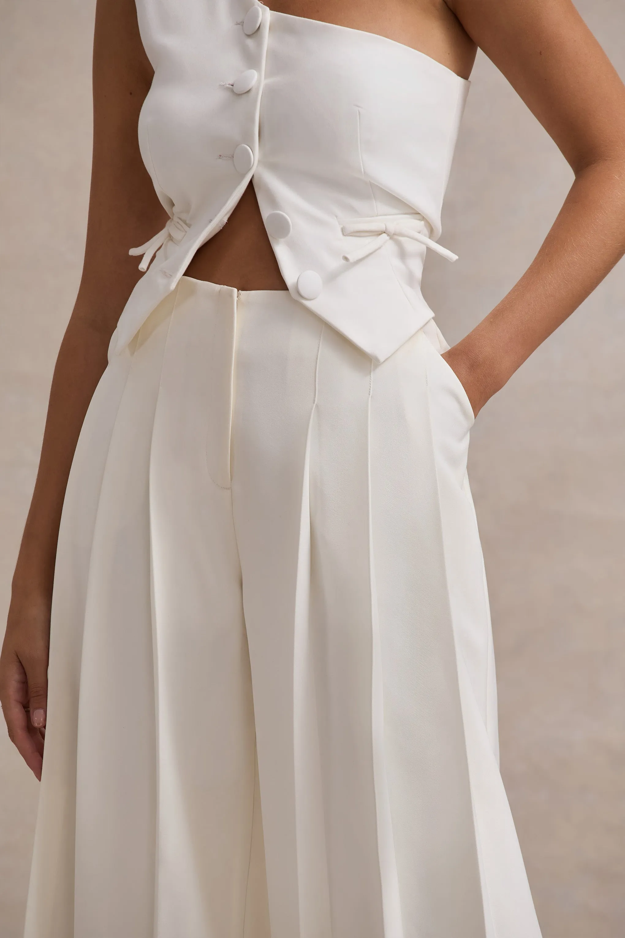 Galilea | Cream Pleated Wide-Leg Trousers