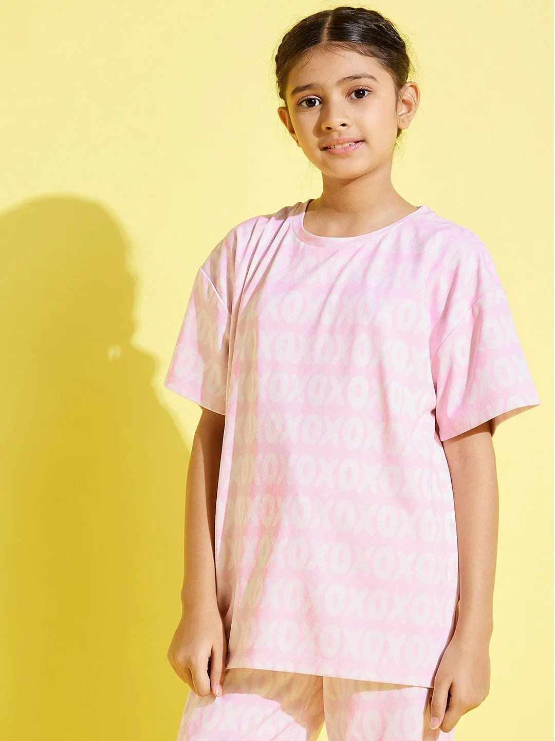 Girls Pink XOXO Print Knit Drop Shoulder Top