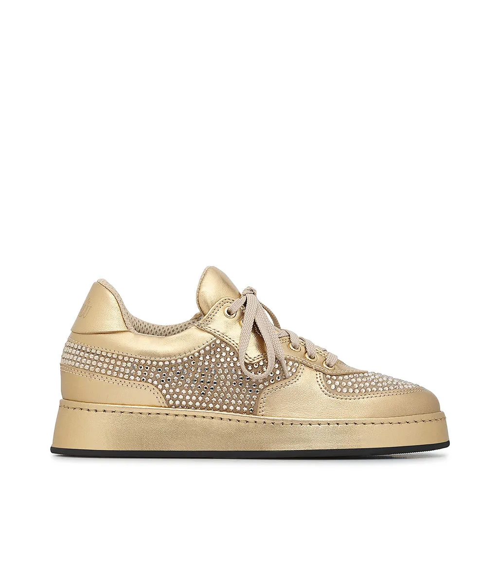 Golden nappa and tan suede sneakers with rhinestones