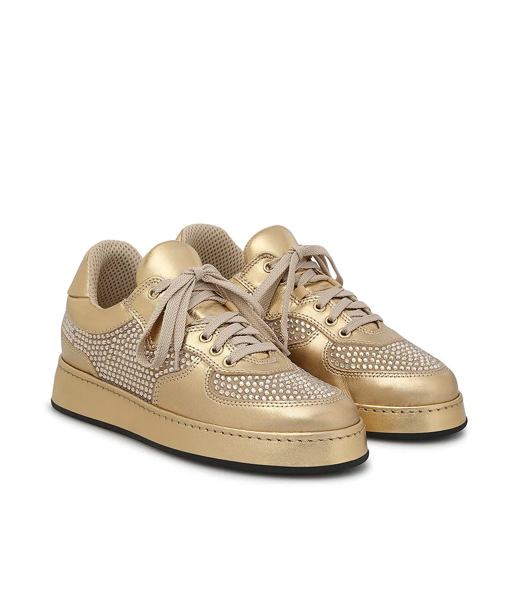 Golden nappa and tan suede sneakers with rhinestones