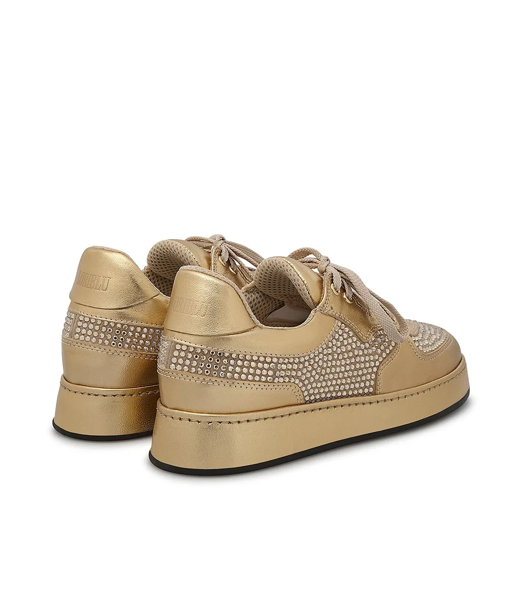 Golden nappa and tan suede sneakers with rhinestones