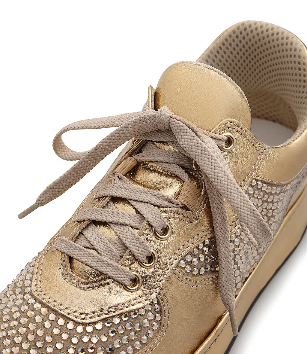 Golden nappa and tan suede sneakers with rhinestones