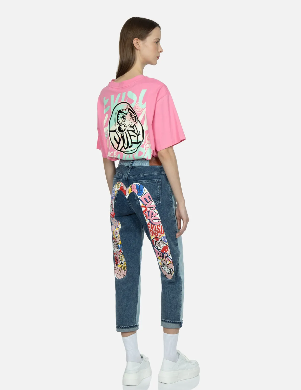 Graffiti Daruma Daicock Print Two-tone Jeans