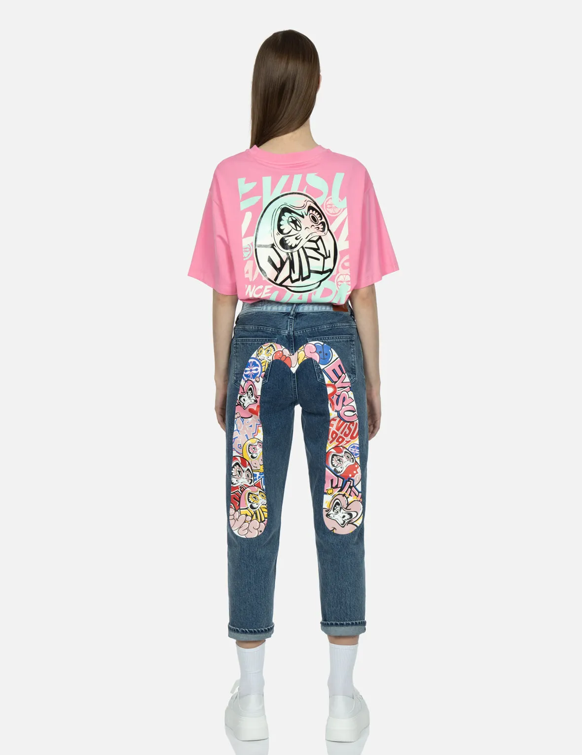 Graffiti Daruma Daicock Print Two-tone Jeans