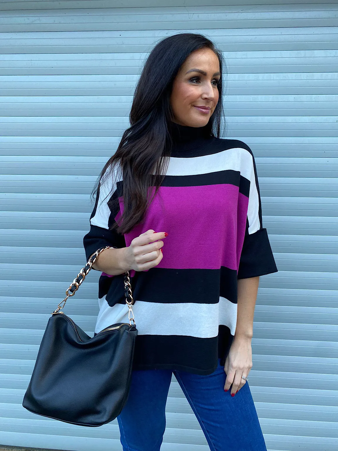 Grape Stripe Folded Sleeve Knit - Steph's Closet