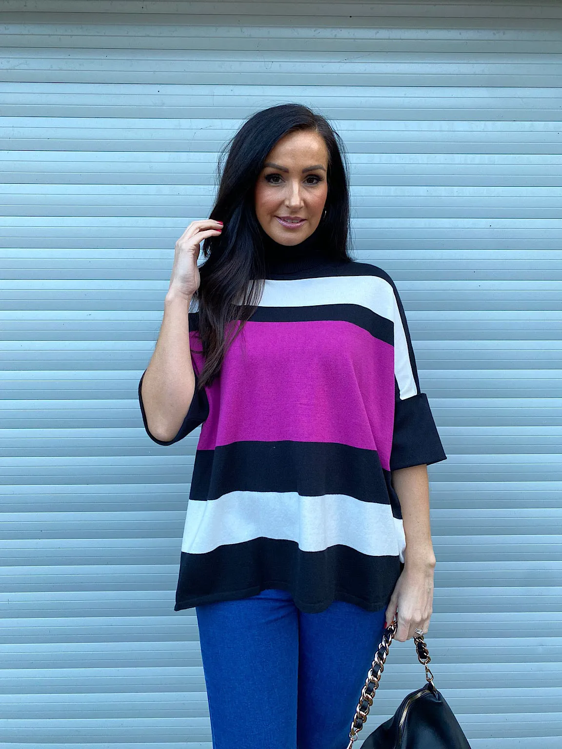 Grape Stripe Folded Sleeve Knit - Steph's Closet