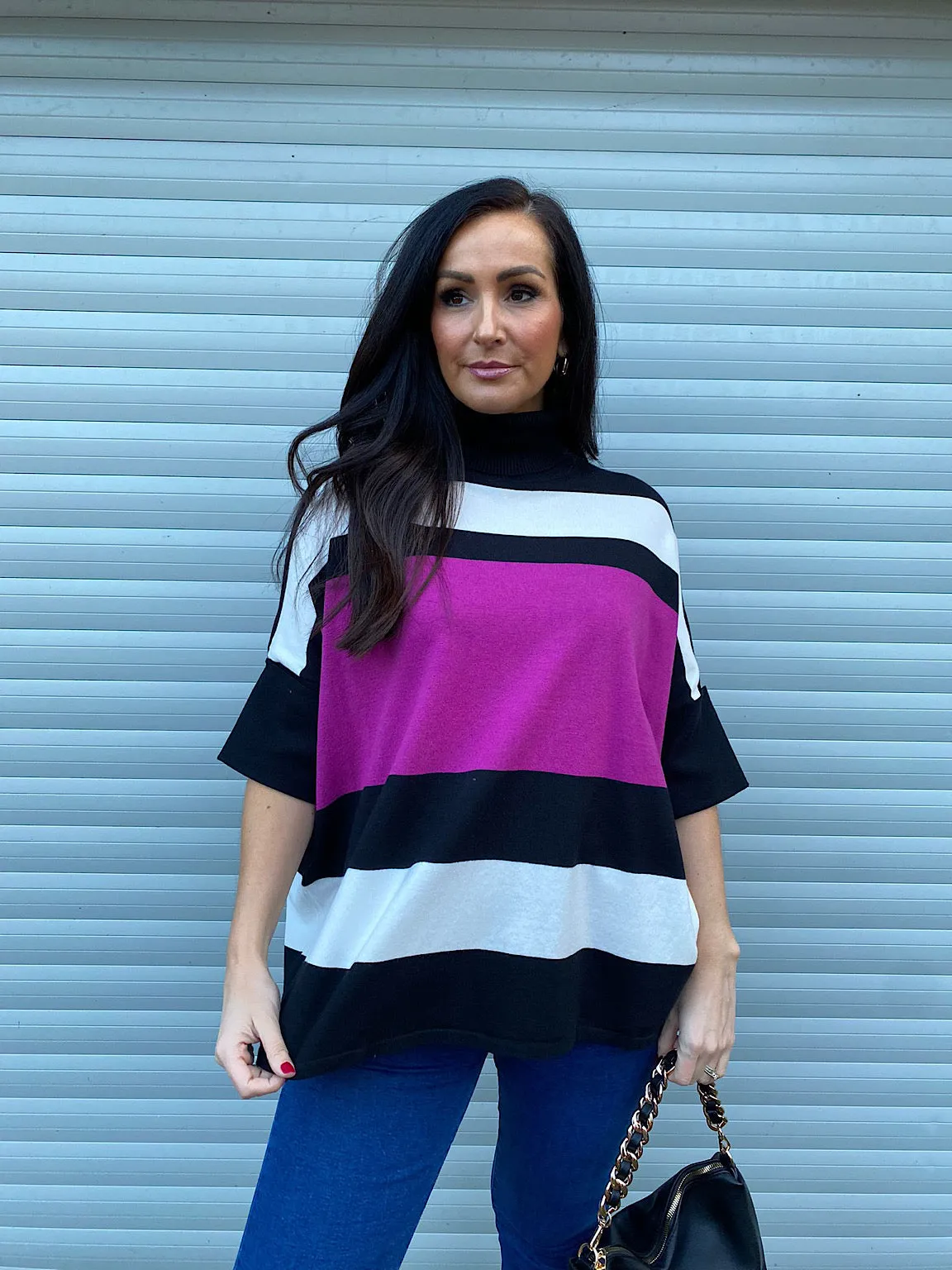 Grape Stripe Folded Sleeve Knit - Steph's Closet