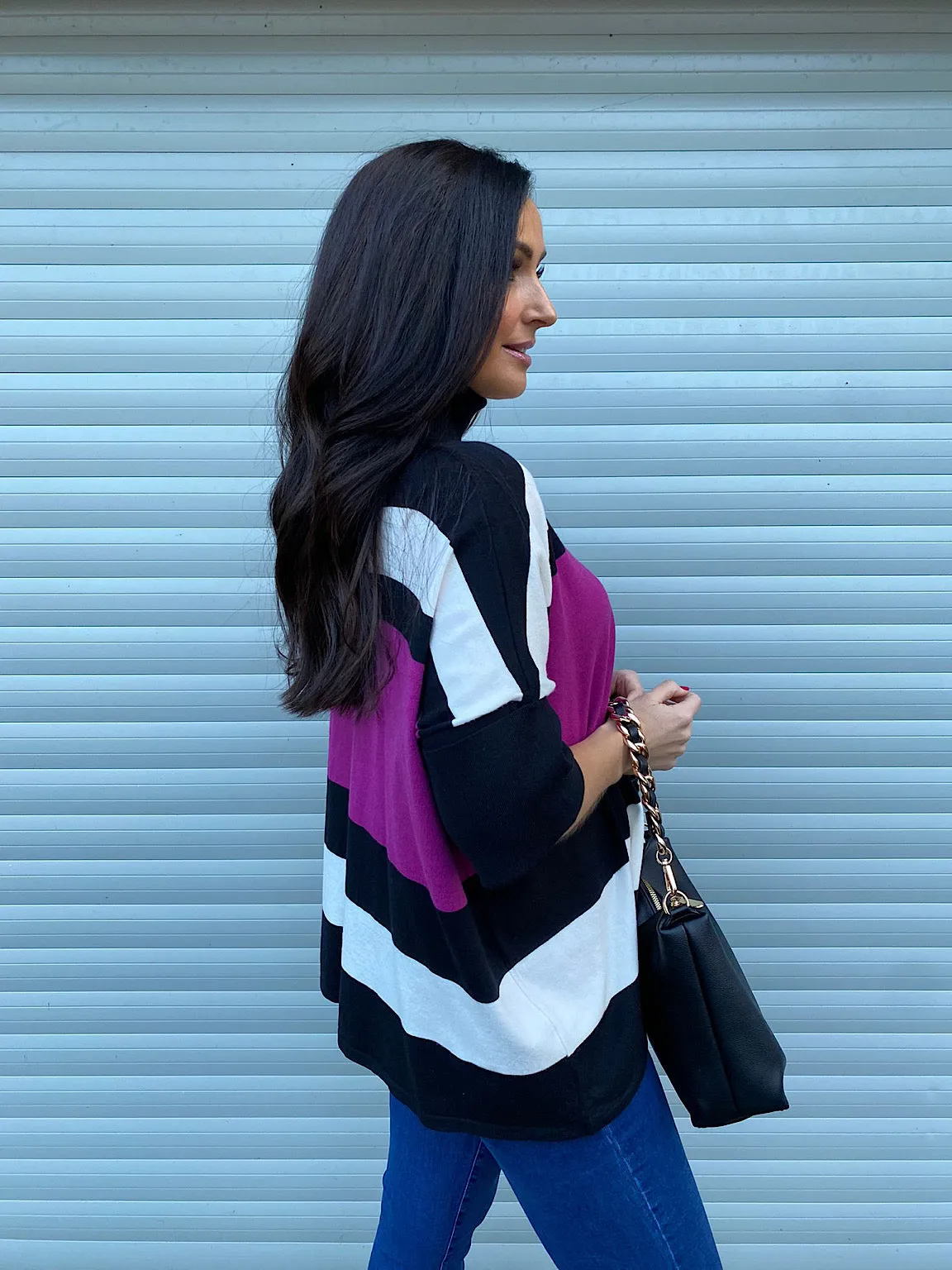 Grape Stripe Folded Sleeve Knit - Steph's Closet