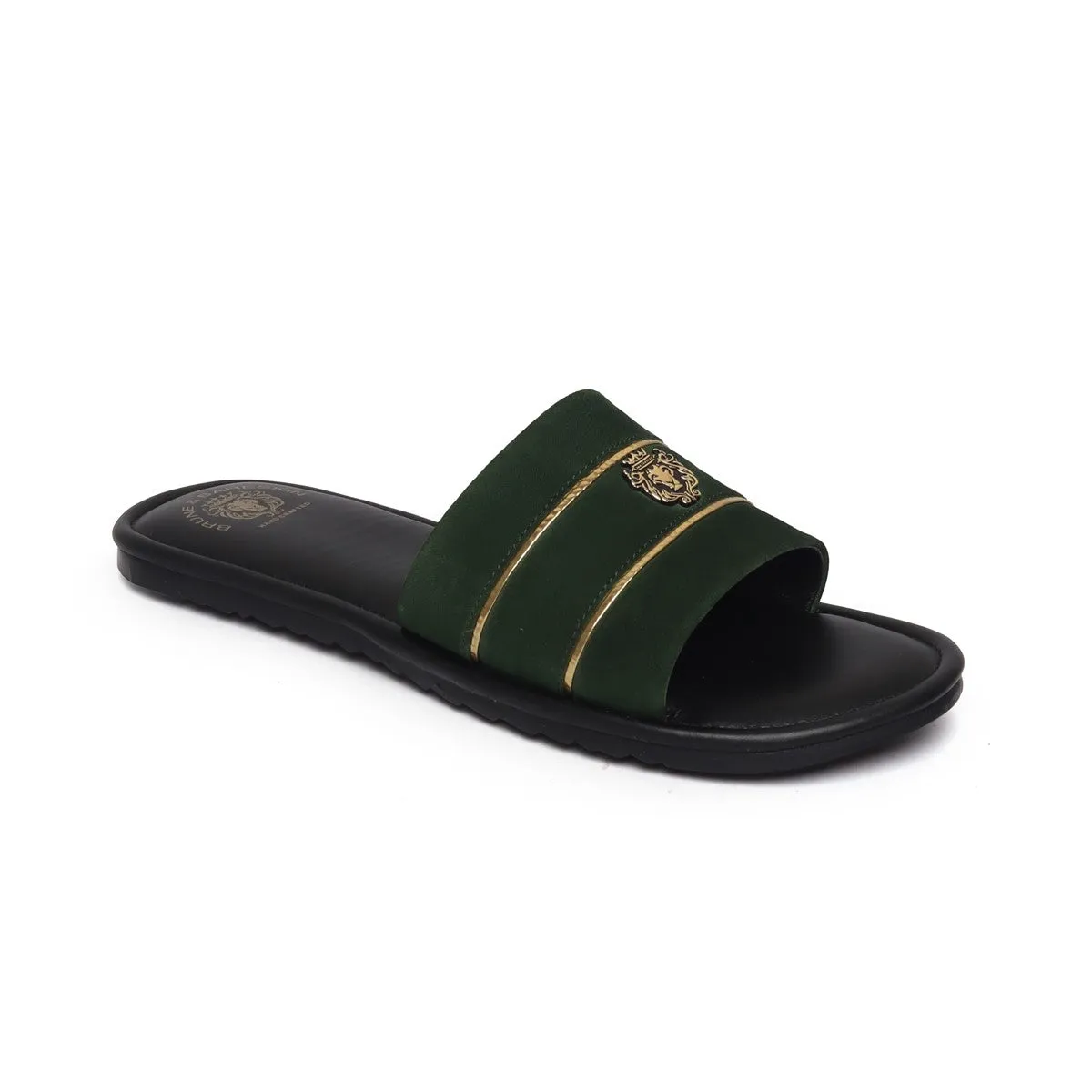 Green Suede Leather Slide-In-Slippers With Signature Metal Lion by BRUNE BY BARESKIN