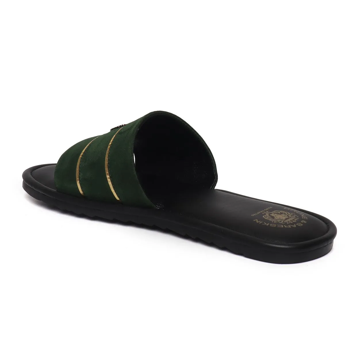 Green Suede Leather Slide-In-Slippers With Signature Metal Lion by BRUNE BY BARESKIN