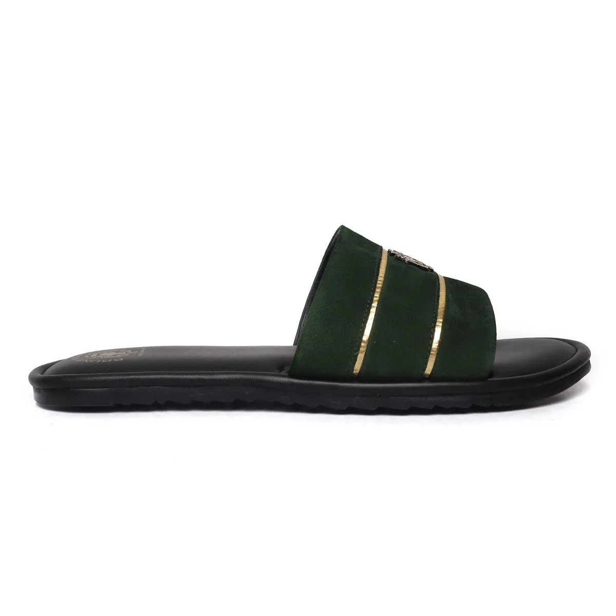 Green Suede Leather Slide-In-Slippers With Signature Metal Lion by BRUNE BY BARESKIN