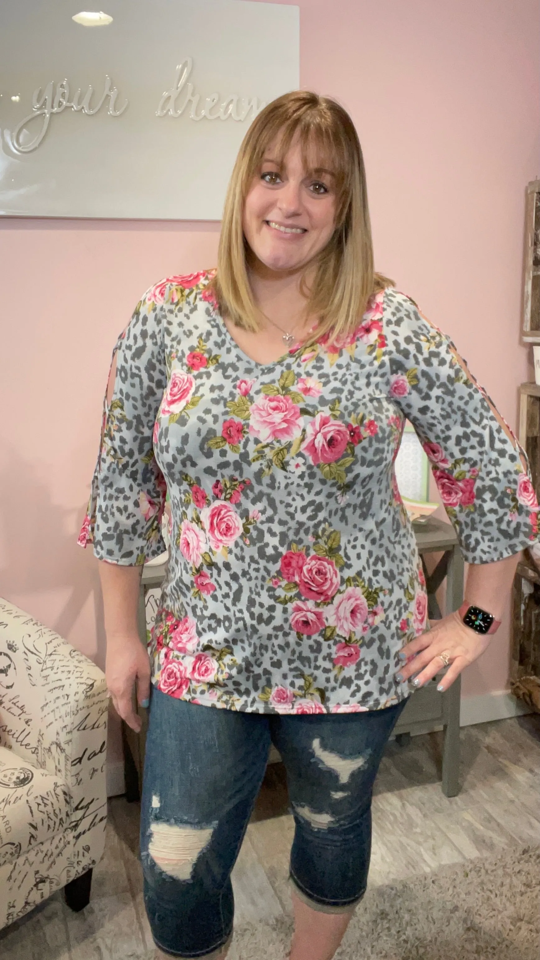 Grey Floral Shoulder Cutout Tunic