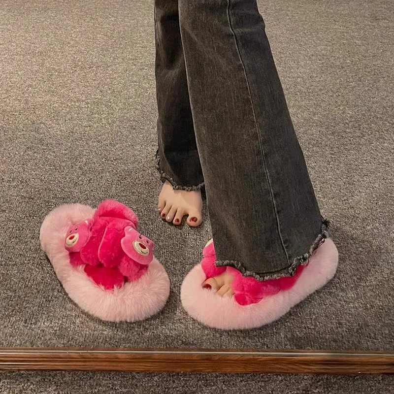 High-end cute strawberry bear fur shoes for women for outer wear 2023 autumn and winter new plush indoor home cartoon cotton sli