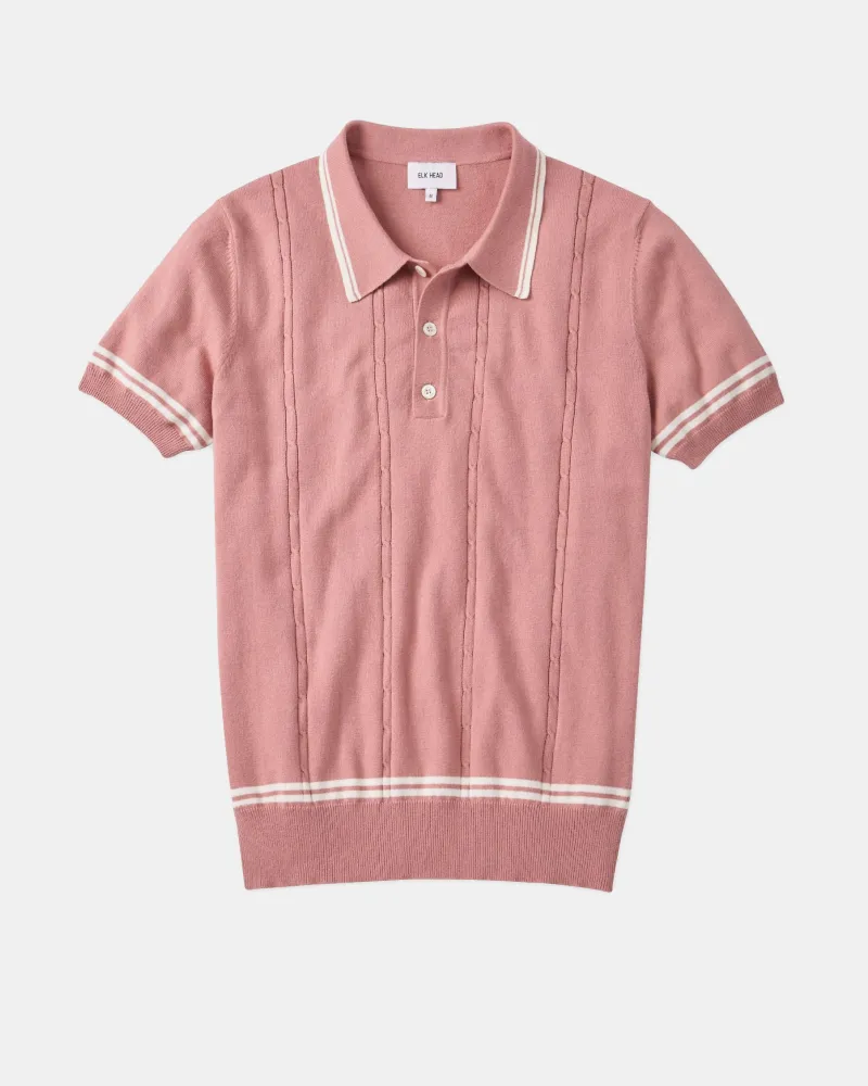 Italian Cashmere White Tipped Cable Knit Polo in Vintage Pink