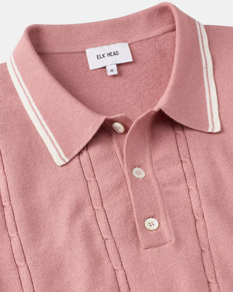 Italian Cashmere White Tipped Cable Knit Polo in Vintage Pink