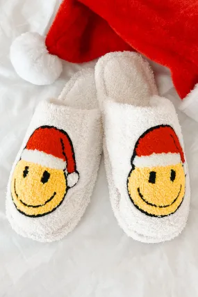 Jolly For The Holidays Fuzzy Santa Smile Slippers (White/Santa)