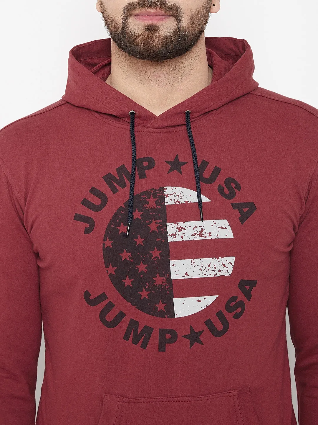 JUMP USA Men Red Self Design Hooded Pullover Sweatshirt