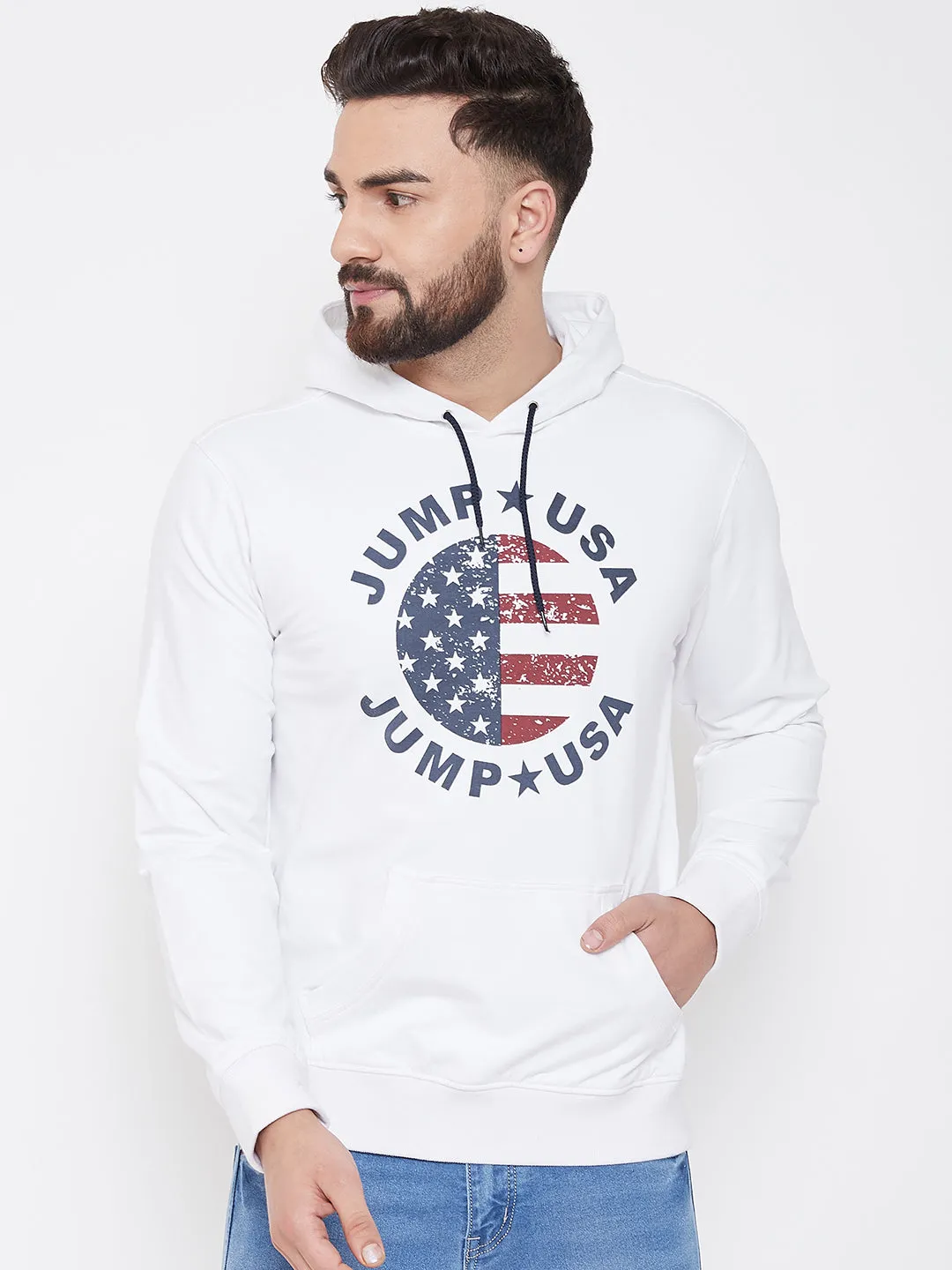 JUMP USA Men White Self Design Hooded Sweatshirt