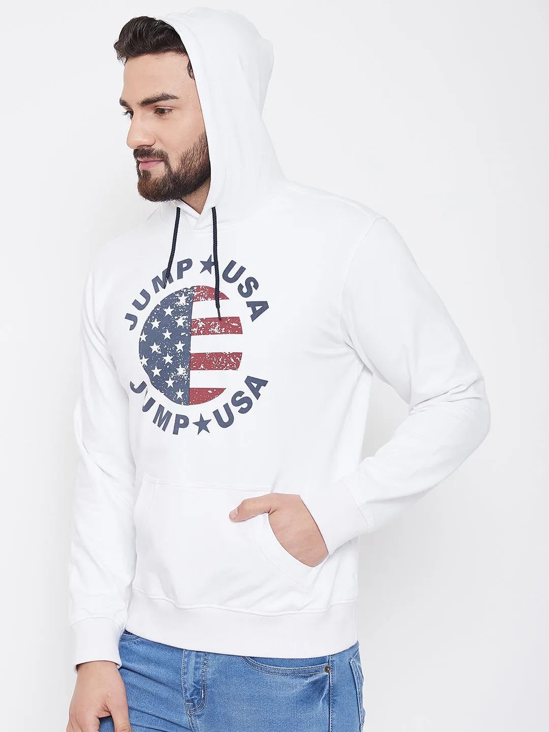 JUMP USA Men White Self Design Hooded Sweatshirt