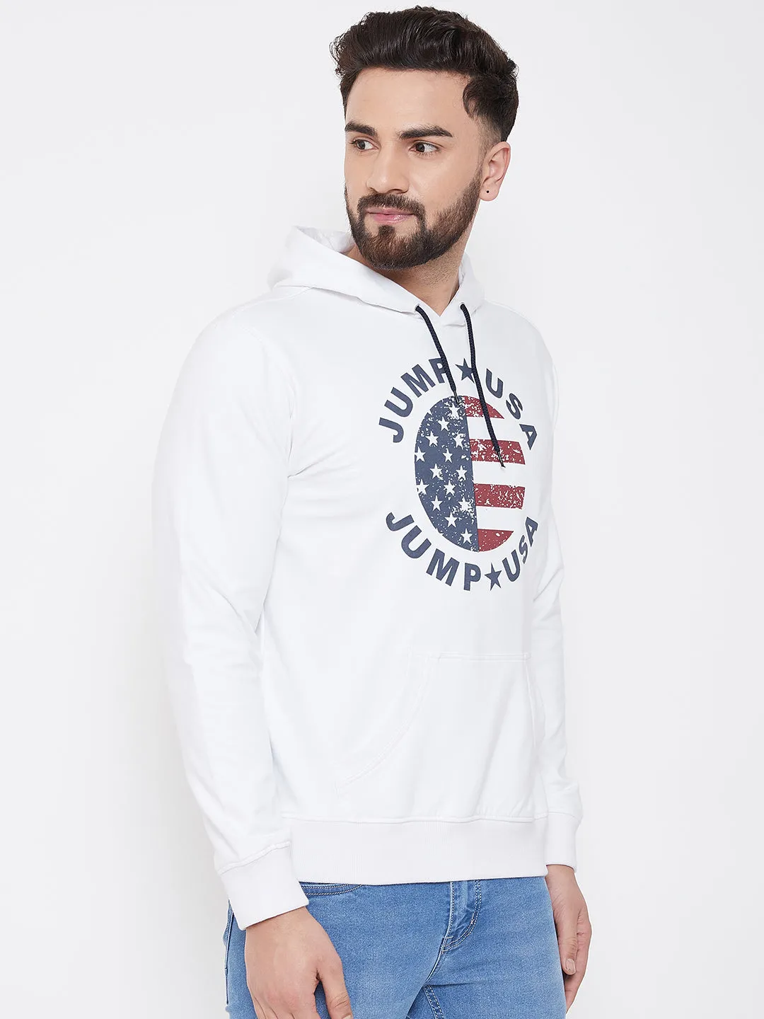 JUMP USA Men White Self Design Hooded Sweatshirt