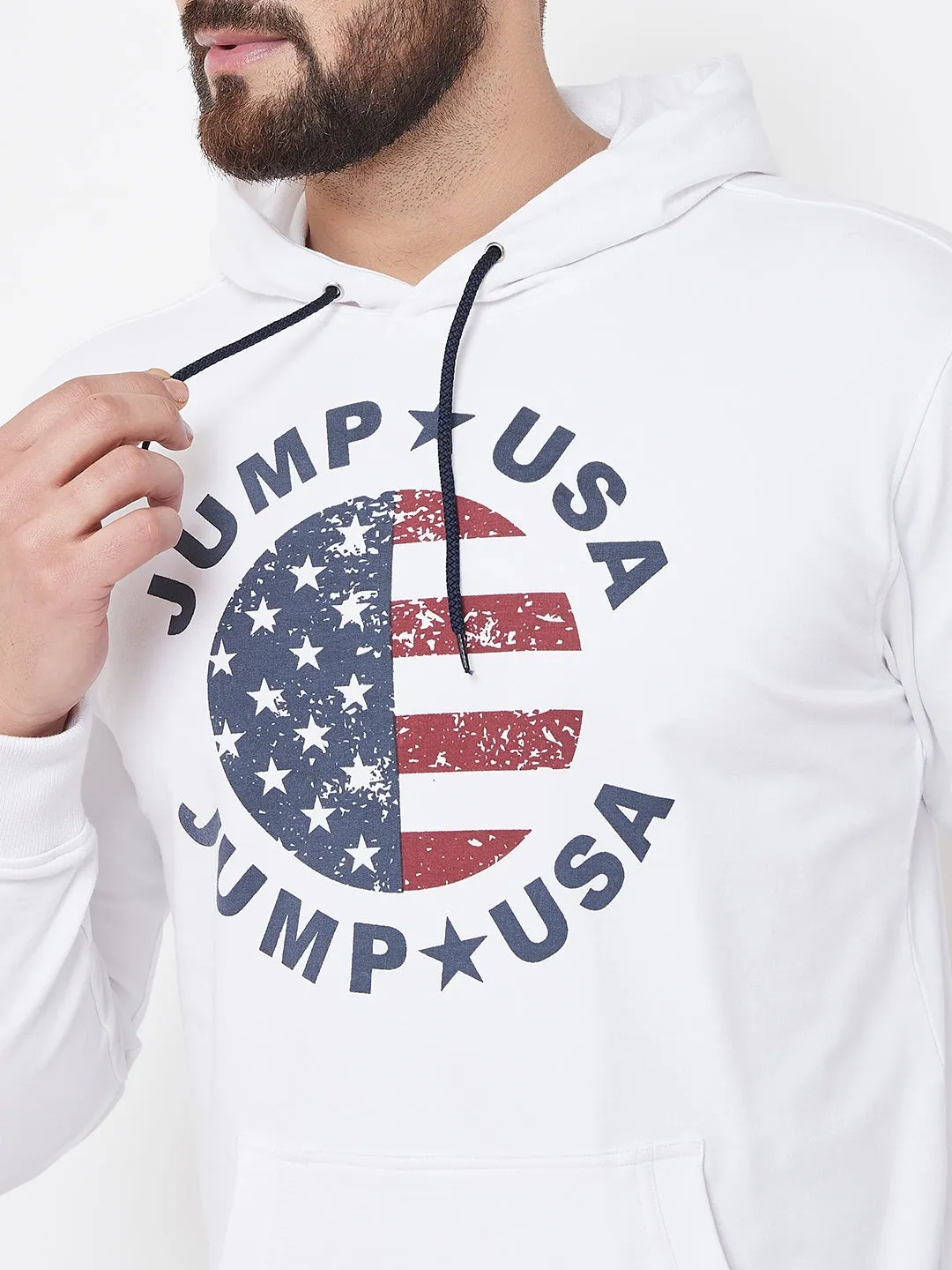 JUMP USA Men White Self Design Hooded Sweatshirt