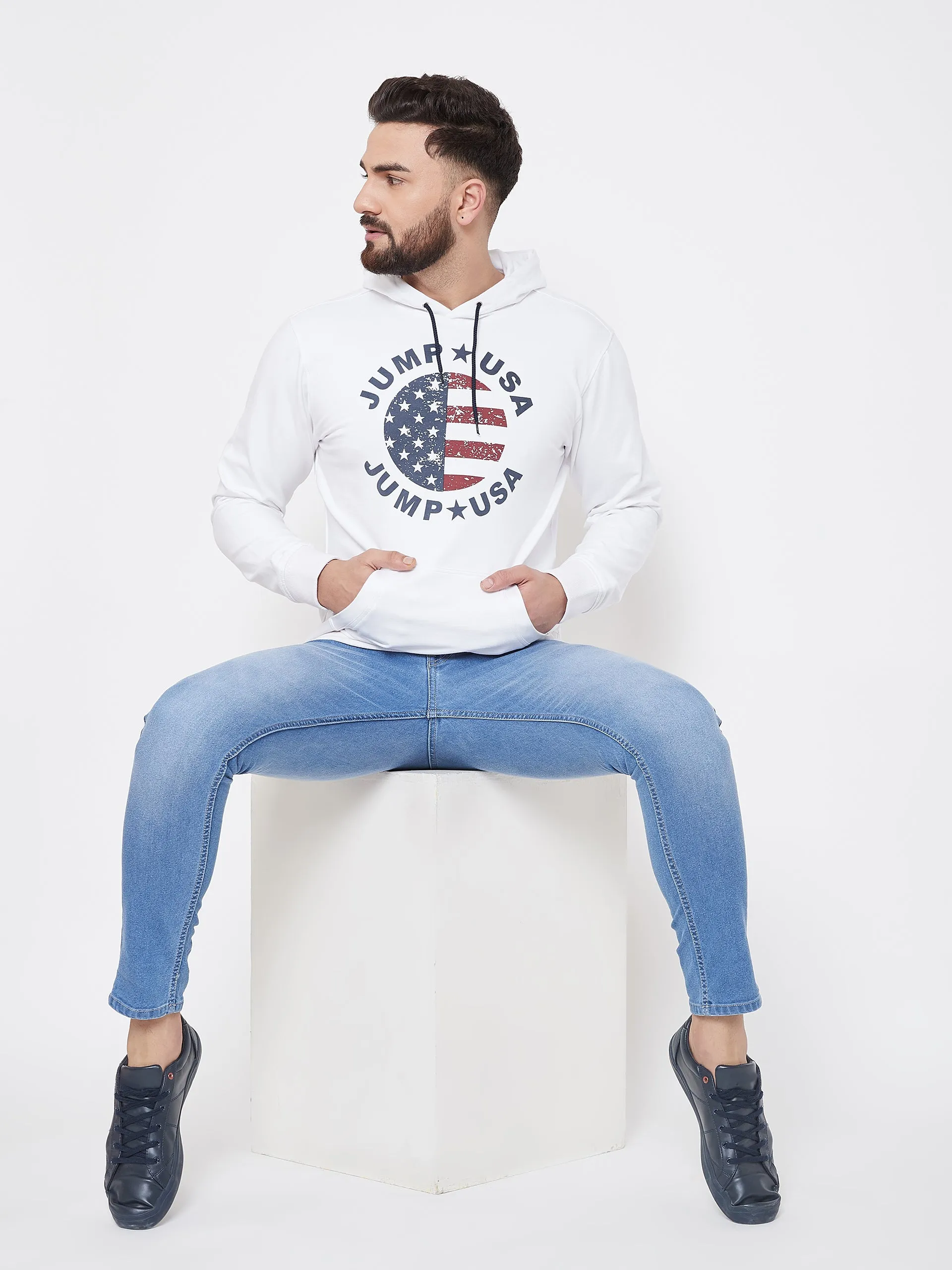 JUMP USA Men White Self Design Hooded Sweatshirt