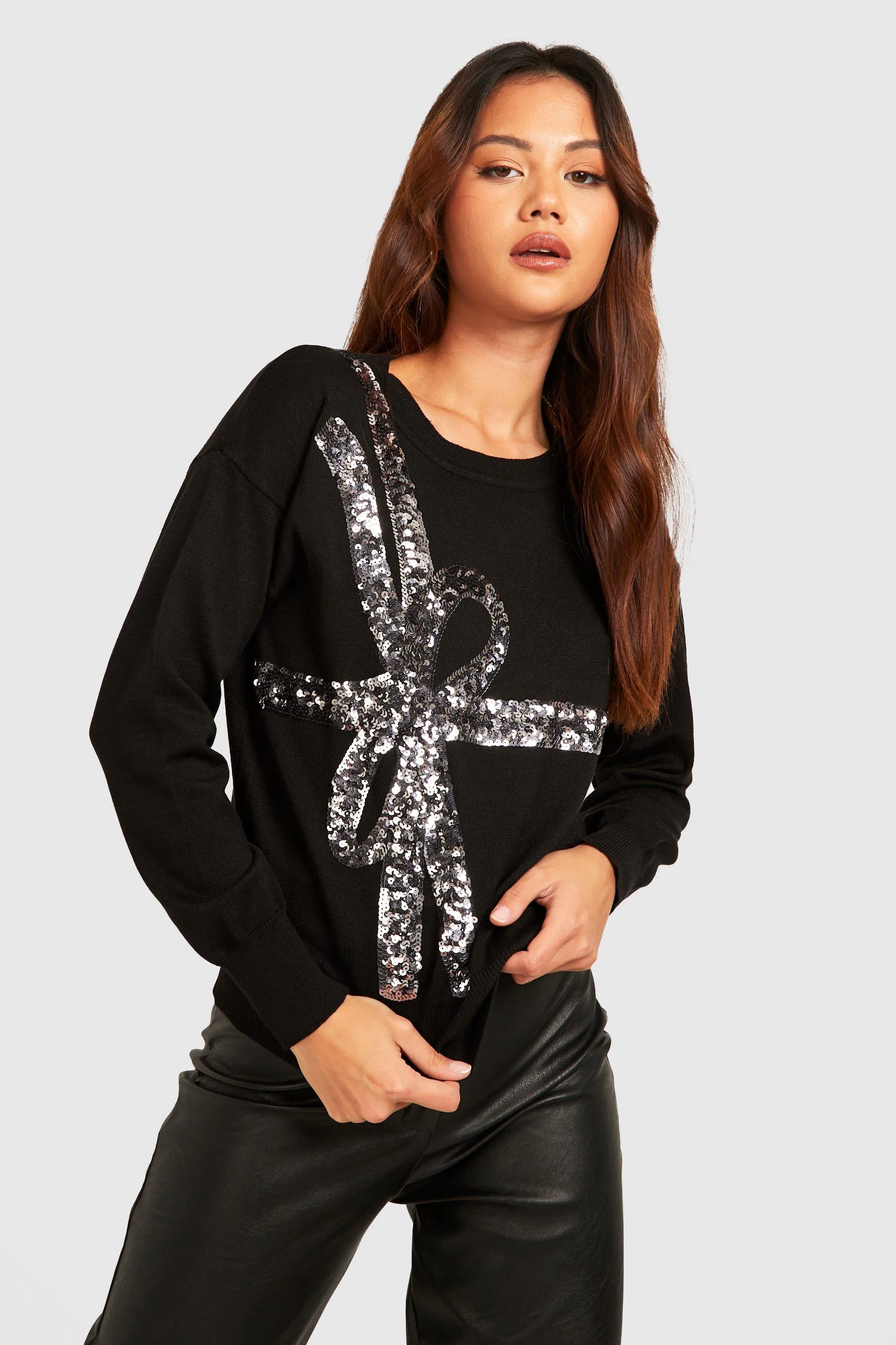 Petite Sequin Bow Christmas Jumper | Shop Jumpers & Cardigans at boohoo