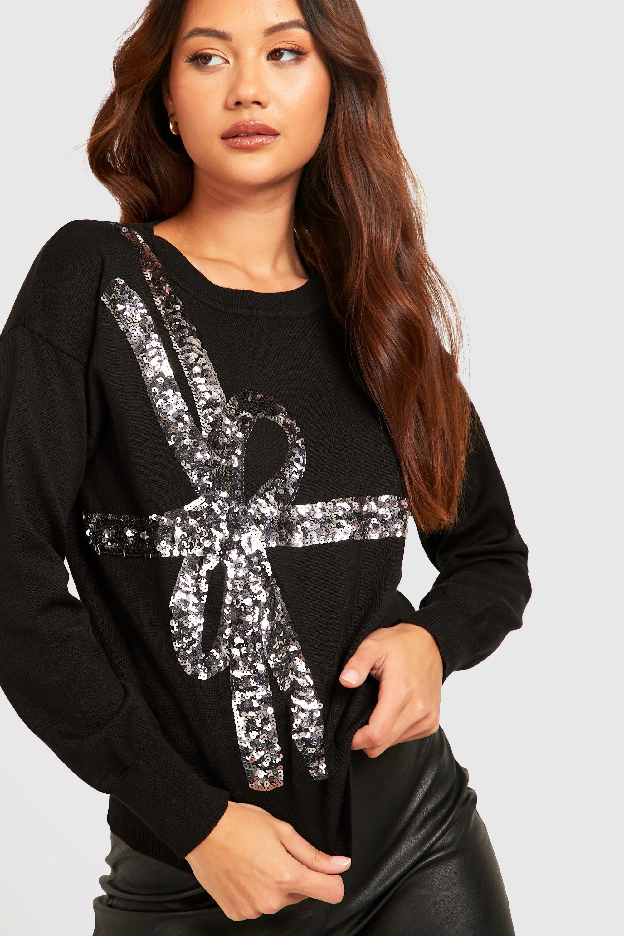 Petite Sequin Bow Christmas Jumper | Shop Jumpers & Cardigans at boohoo