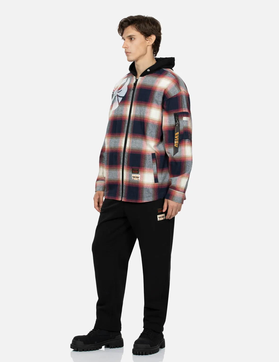 Kamon Print Checked Loose Fit Shirt Jacket