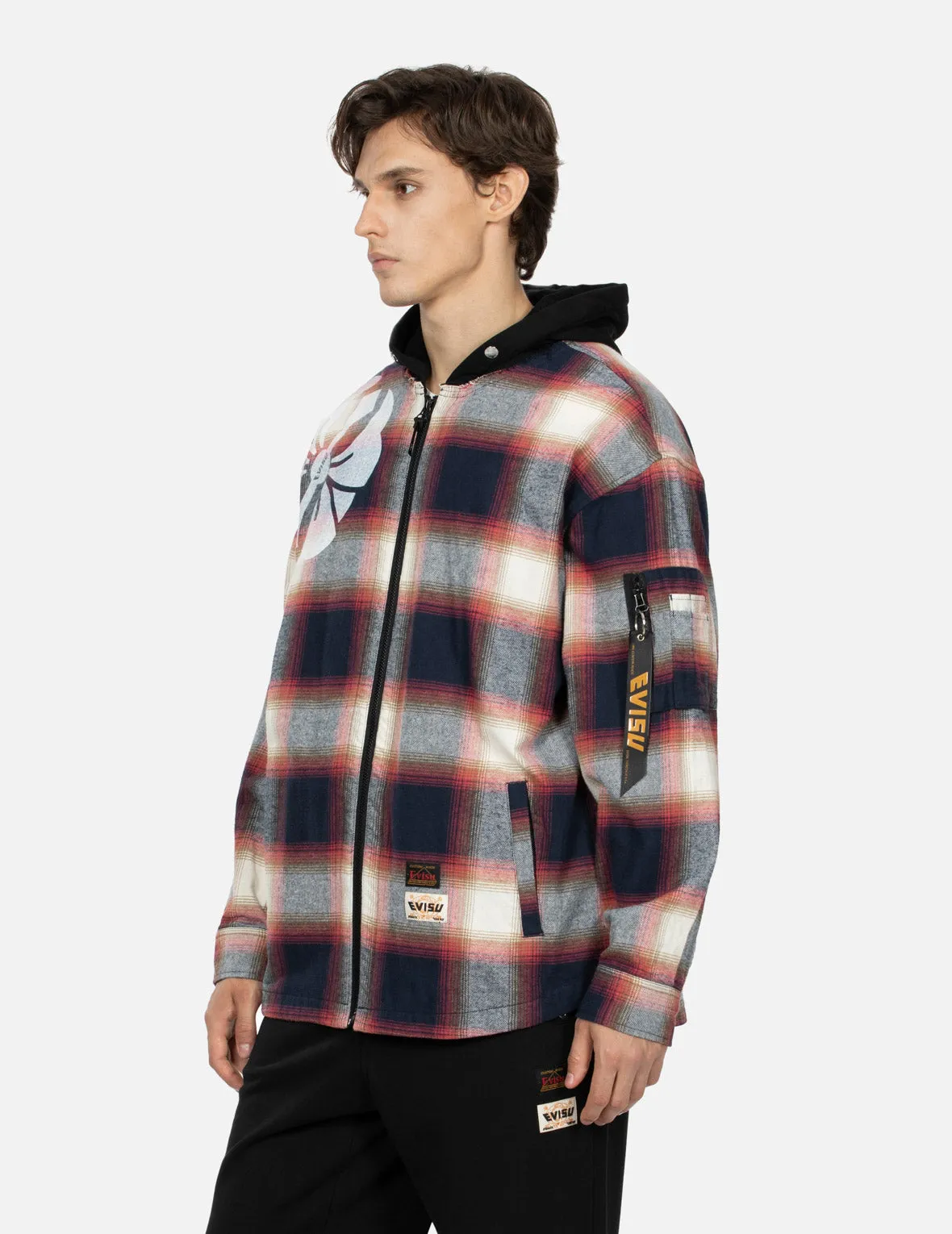 Kamon Print Checked Loose Fit Shirt Jacket