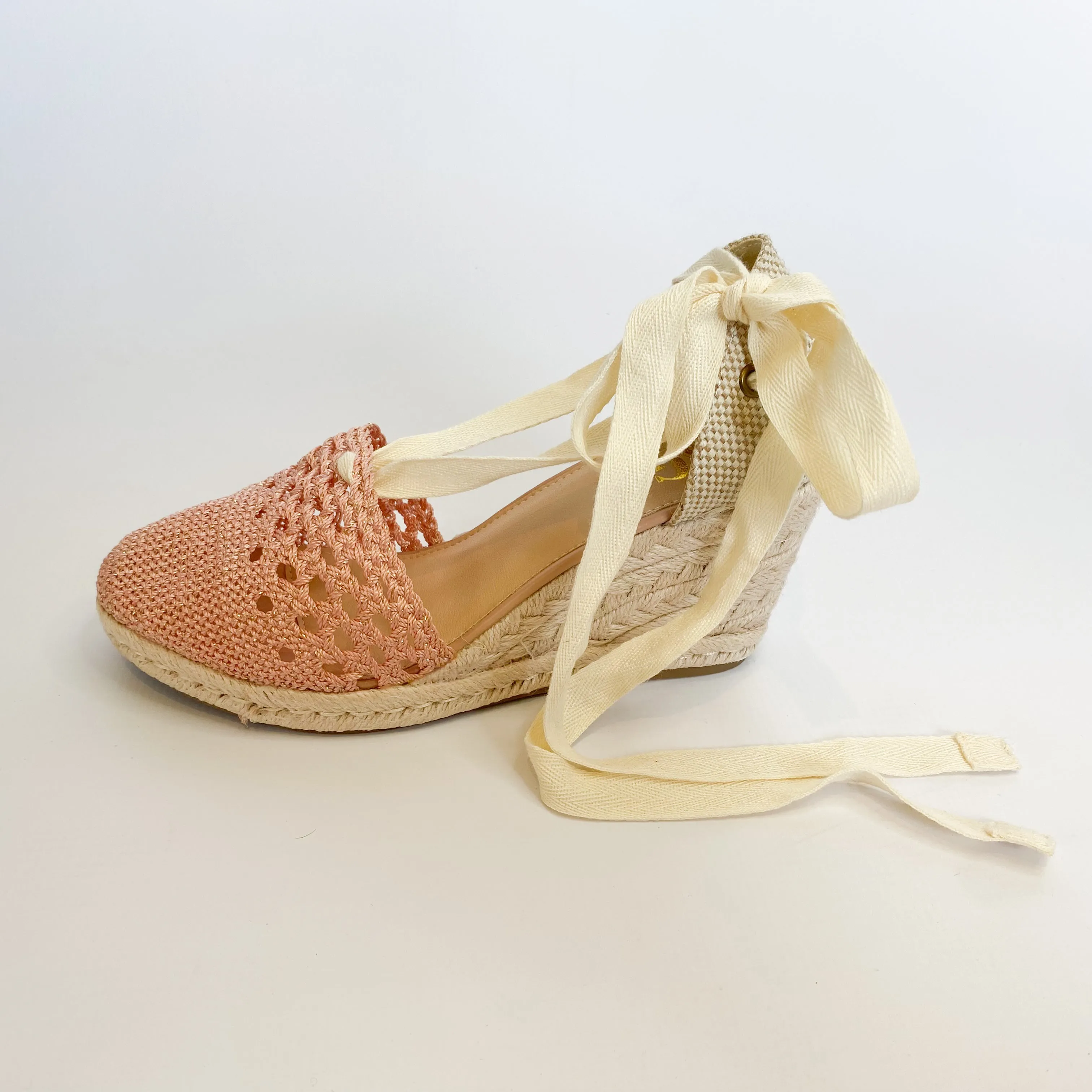 KG wedge espadrille with rose ankle tie