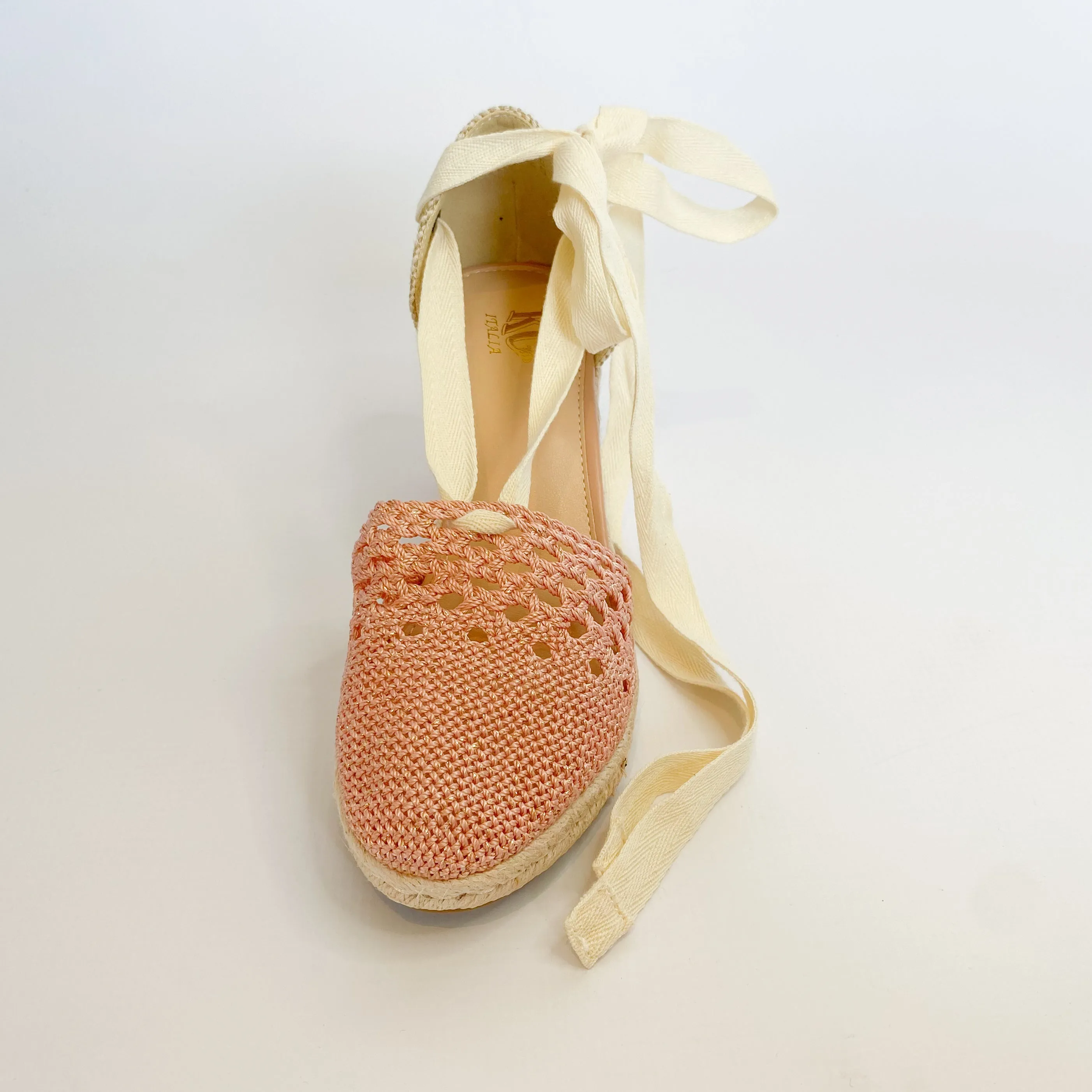 KG wedge espadrille with rose ankle tie