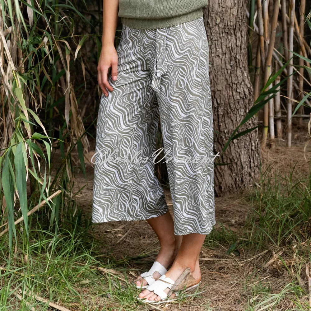 Khaki and White Marble Print Culotte Pant - Product Code 7408-123