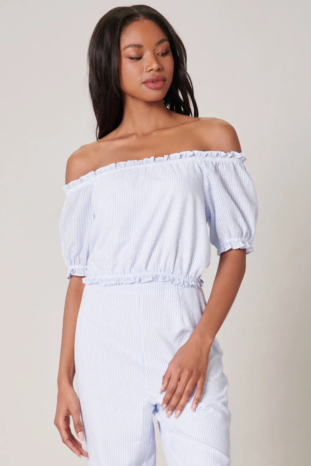 Las Casitas Seersucker Off the Shoulder Crop Top