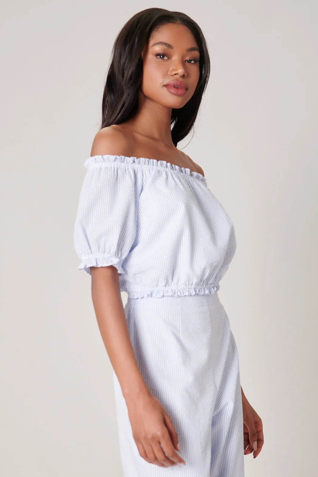 Las Casitas Seersucker Off the Shoulder Crop Top