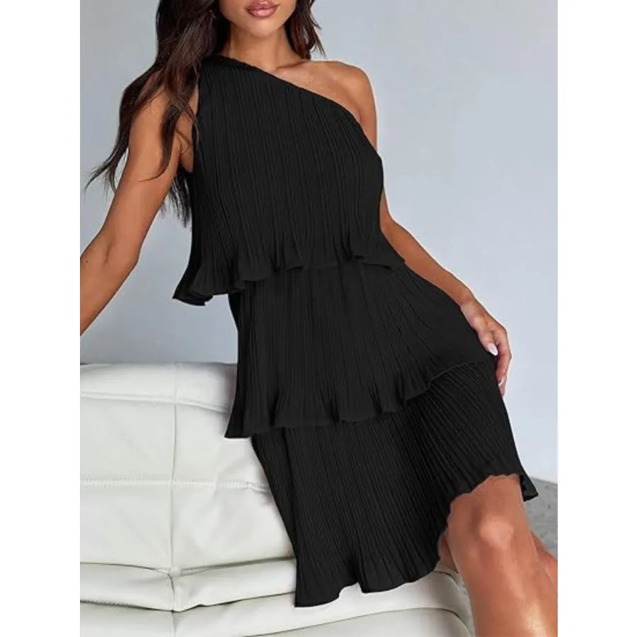 Layered Single Shoulder Mini Dress