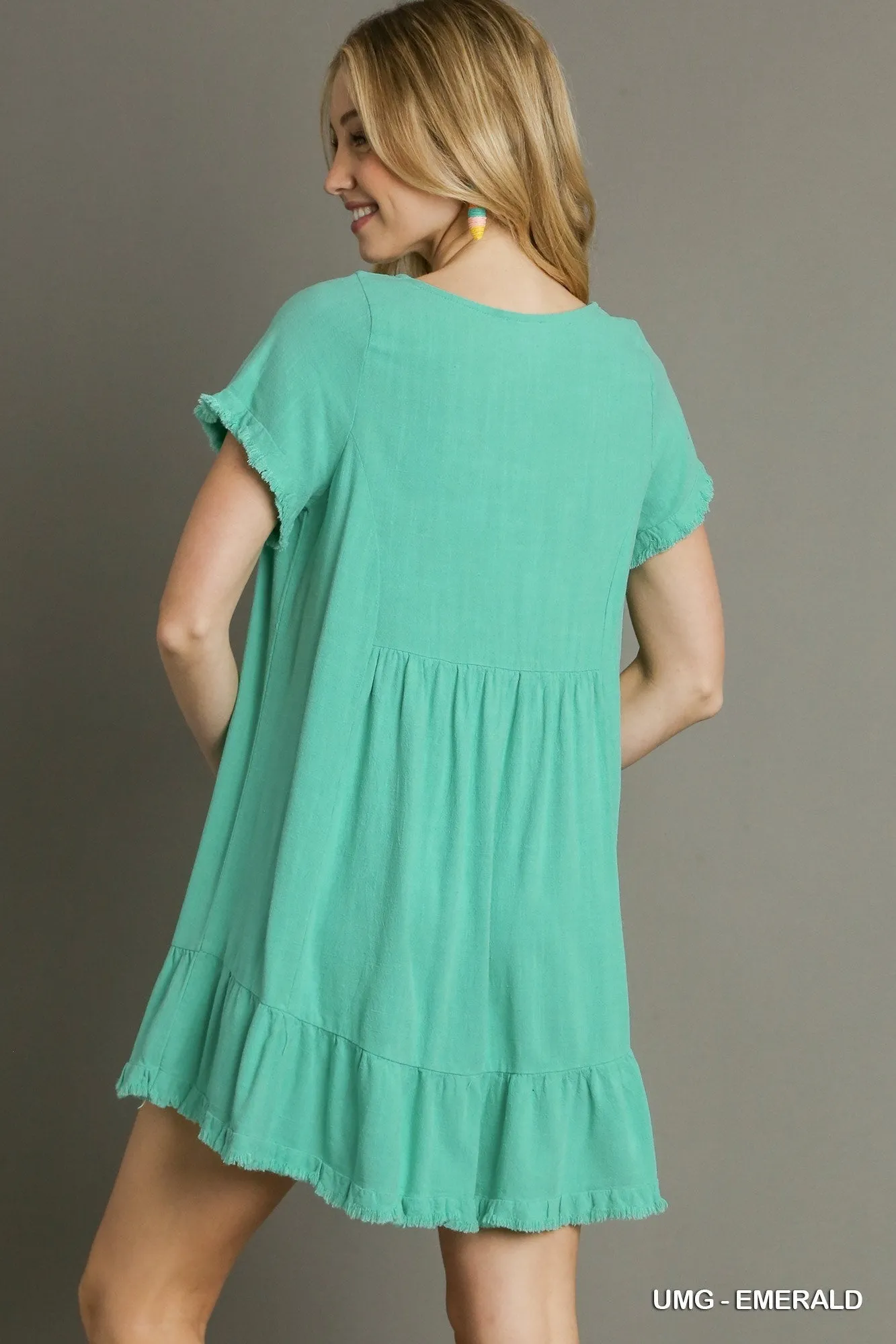 Emerald Linen Dress with Ruffle Trim