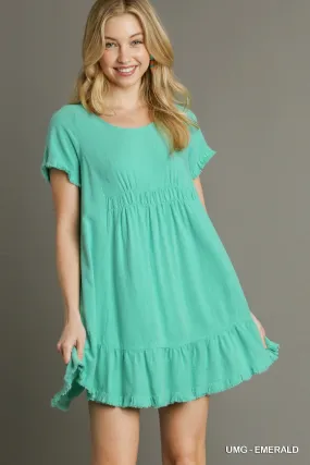 Emerald Linen Dress with Ruffle Trim