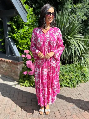 Lipstick Pink Botanical Print Maxi Dress Suzie