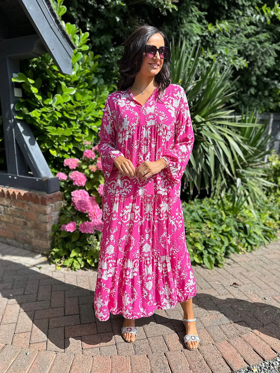 Lipstick Pink Botanical Print Maxi Dress Suzie