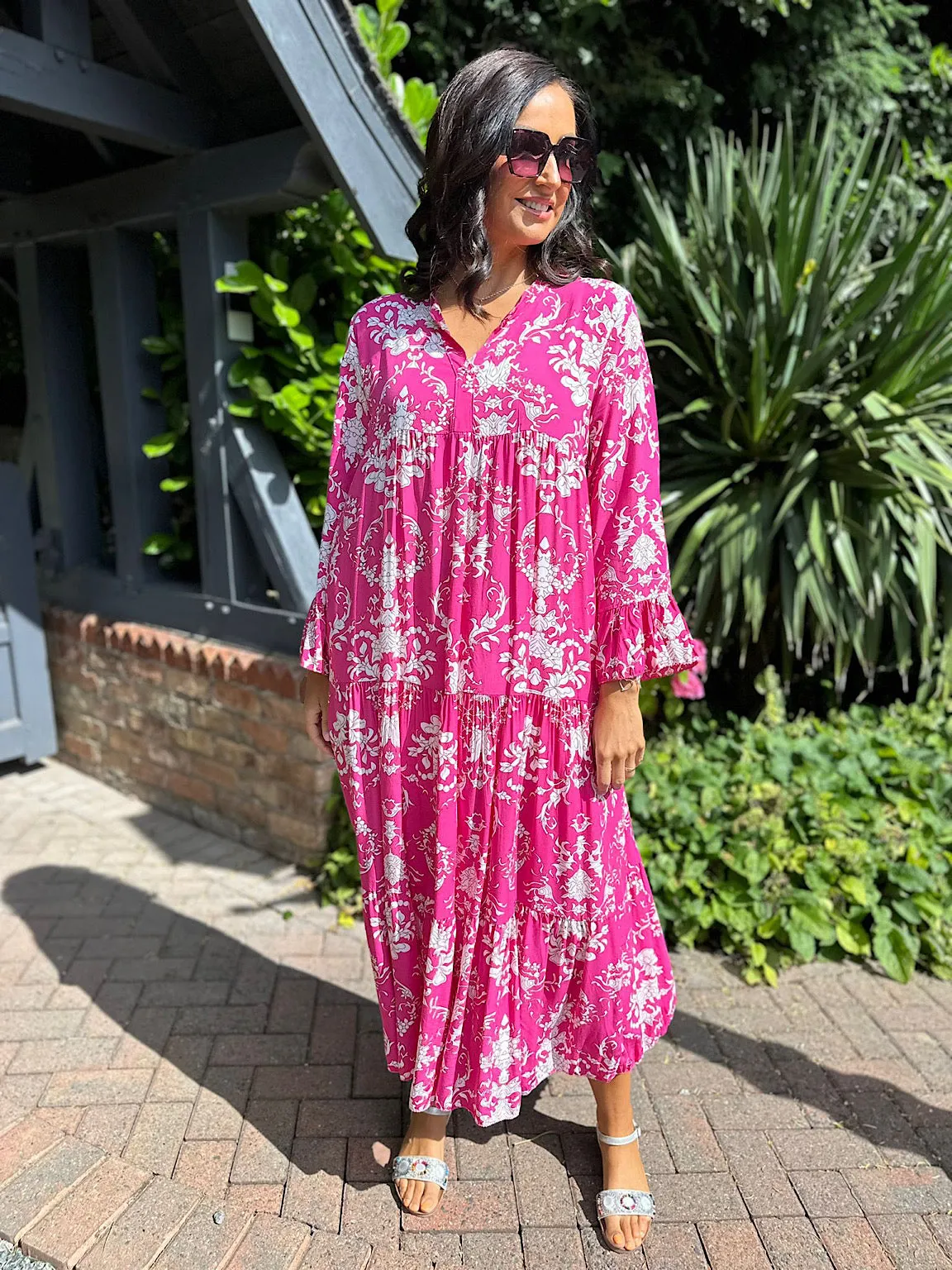 Lipstick Pink Botanical Print Maxi Dress Suzie