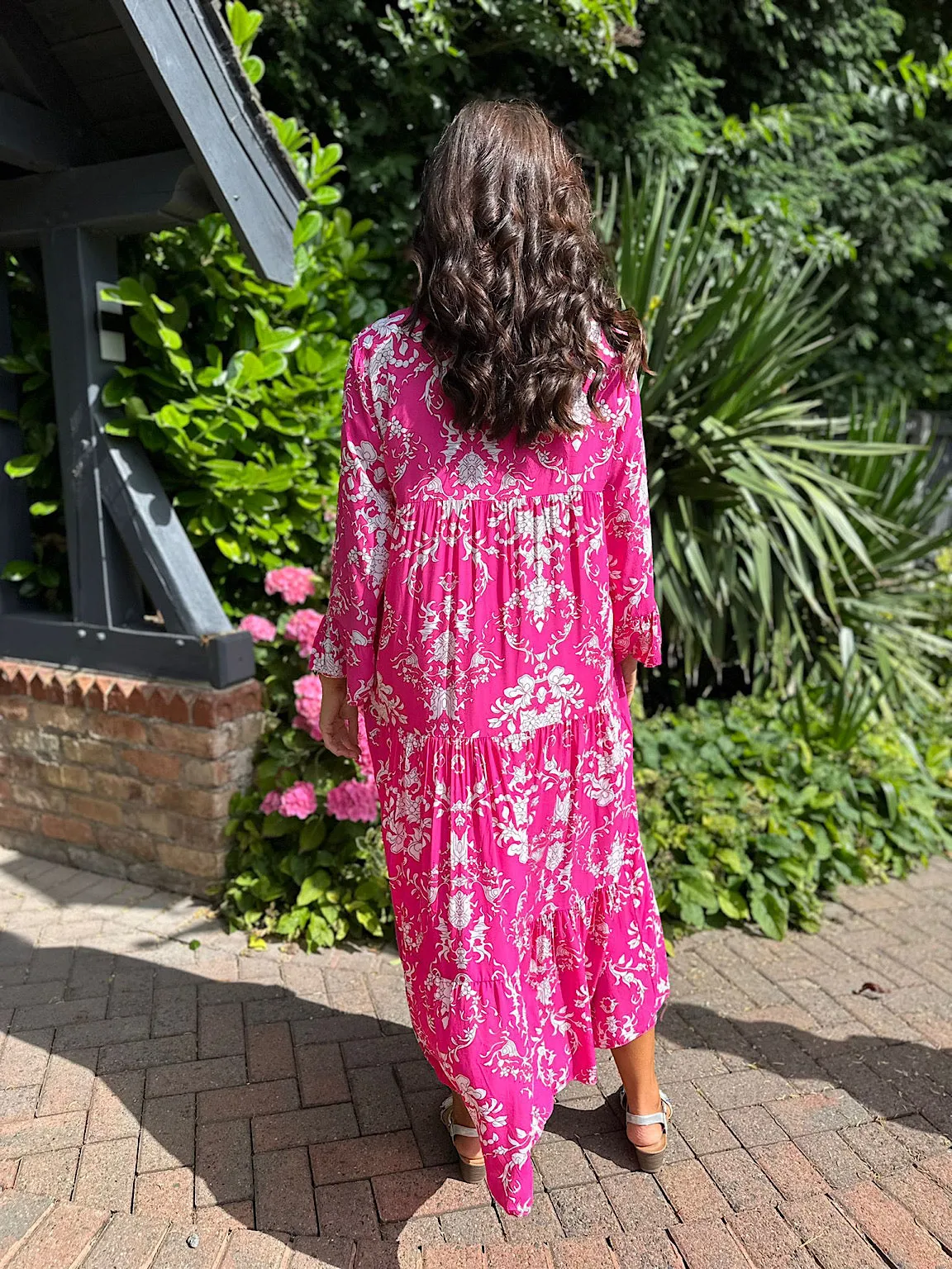 Lipstick Pink Botanical Print Maxi Dress Suzie