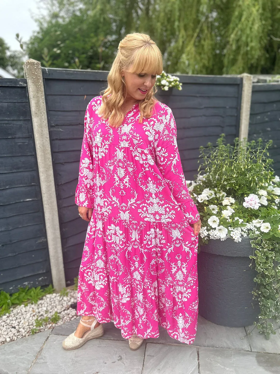 Lipstick Pink Botanical Print Maxi Dress Suzie