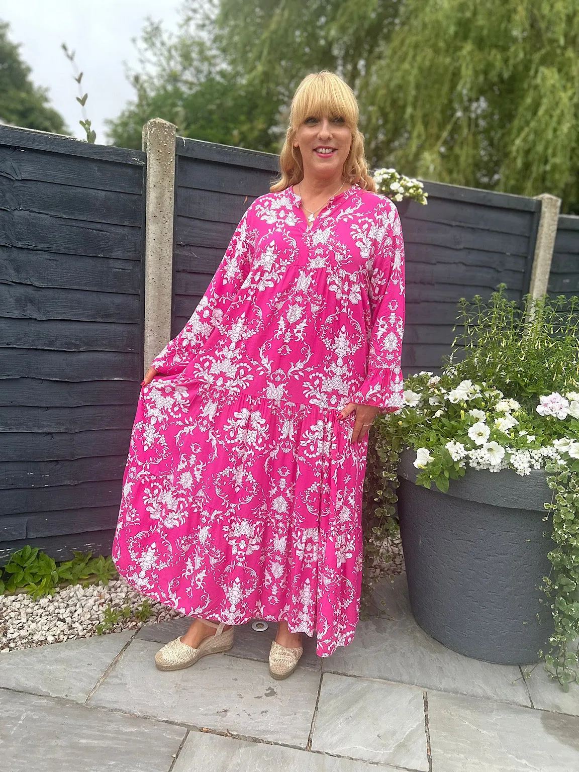 Lipstick Pink Botanical Print Maxi Dress Suzie