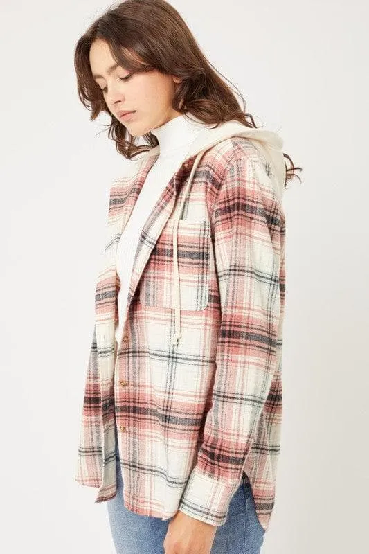 LOVE TREE Plaid Flannel Button Up Shacket with Hood